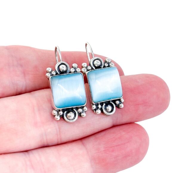 Vintage ATI Mexico Sterling Silver 925 Blue Cat’s Eye Drop Earrings - Picture 1 of 6